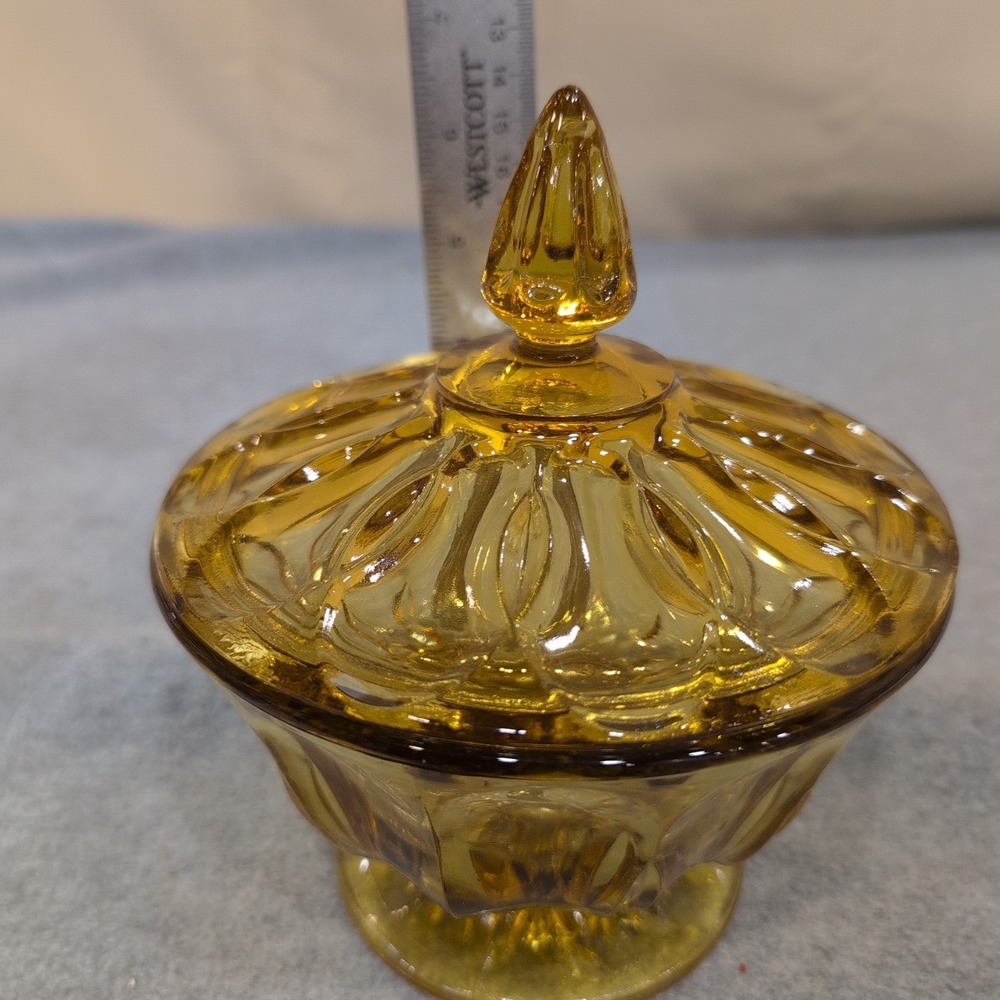 Vintage Anchor Hocking Amber Pressed Glass Footed Candy Dish with Lid Bowl - Picture 8 of 8